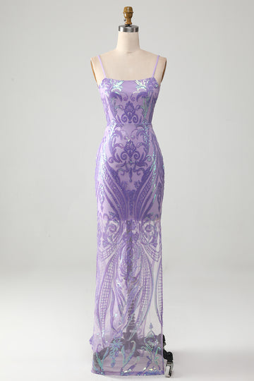 Vestido de fiesta sin espalda de color púrpura claro con lentejuelas